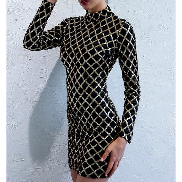 Black Gold Geo Print Sequin Bodycon Party Dress - Picture 4 of 10